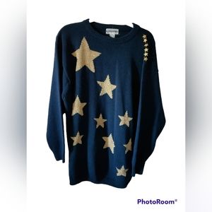 Vintage Oversize Knit Sweater Gold Stars Navy